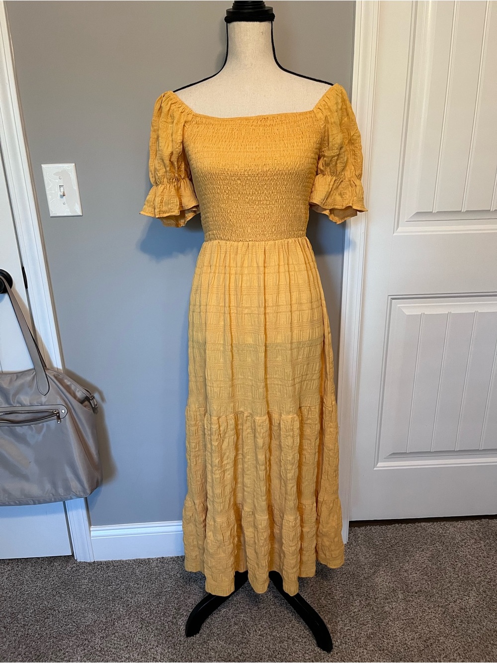 Smocked Off-Shoulder Maxi Dress in Mustard Yellow